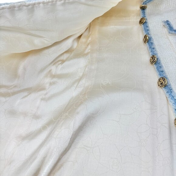 CHANEL Vintage 07P CC Logo Tweed Long Jacket Trim Denim #42 Blue White [106101] - Picture 13 of 14